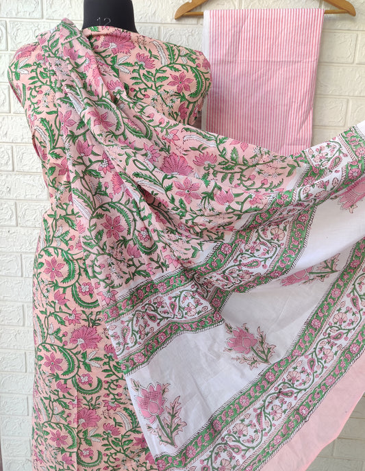 Hand Block Printed Cotton Suit With Mulmul Cotton Dupatta