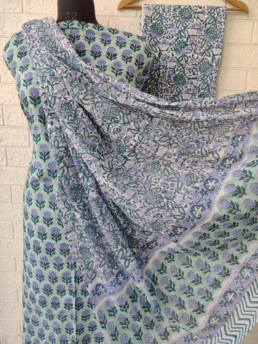 Hand Block Printed Cotton Suit With Mulmul Cotton Dupatta