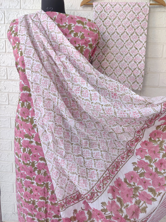 Hand Block Printed Cotton Suit With Mulmul Cotton Dupatta