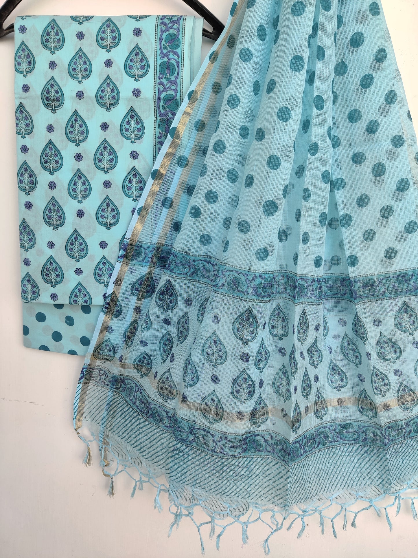 Hand Block Printed Cotton Suit with Cotton Kota Doria dupatta