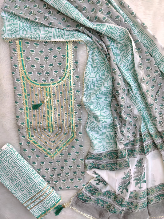 (SALE) Exclusive Unstitched Cotton Neck Work Suits with Mulmul Dupatta