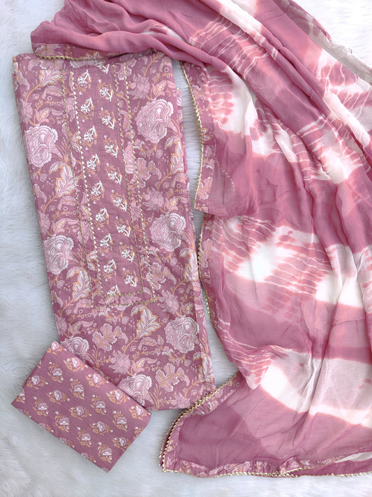 (SALE) Exclusive Unstitched Cotton Neck Work Suits with Chiffon Dupatta