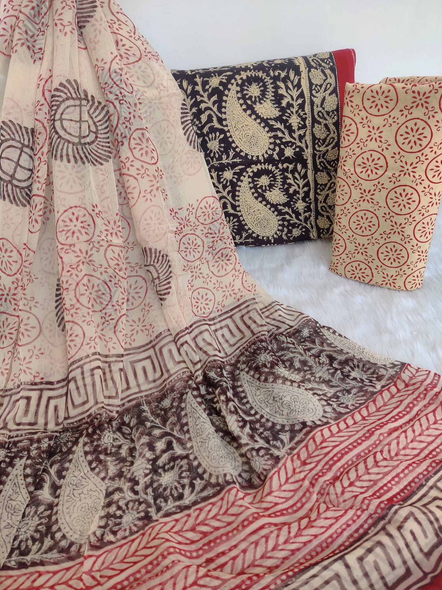 (KALAMKARI) HAND BLOCK PRINTED COTTON SUIT WITH PURE CHIFFON DUPATTA