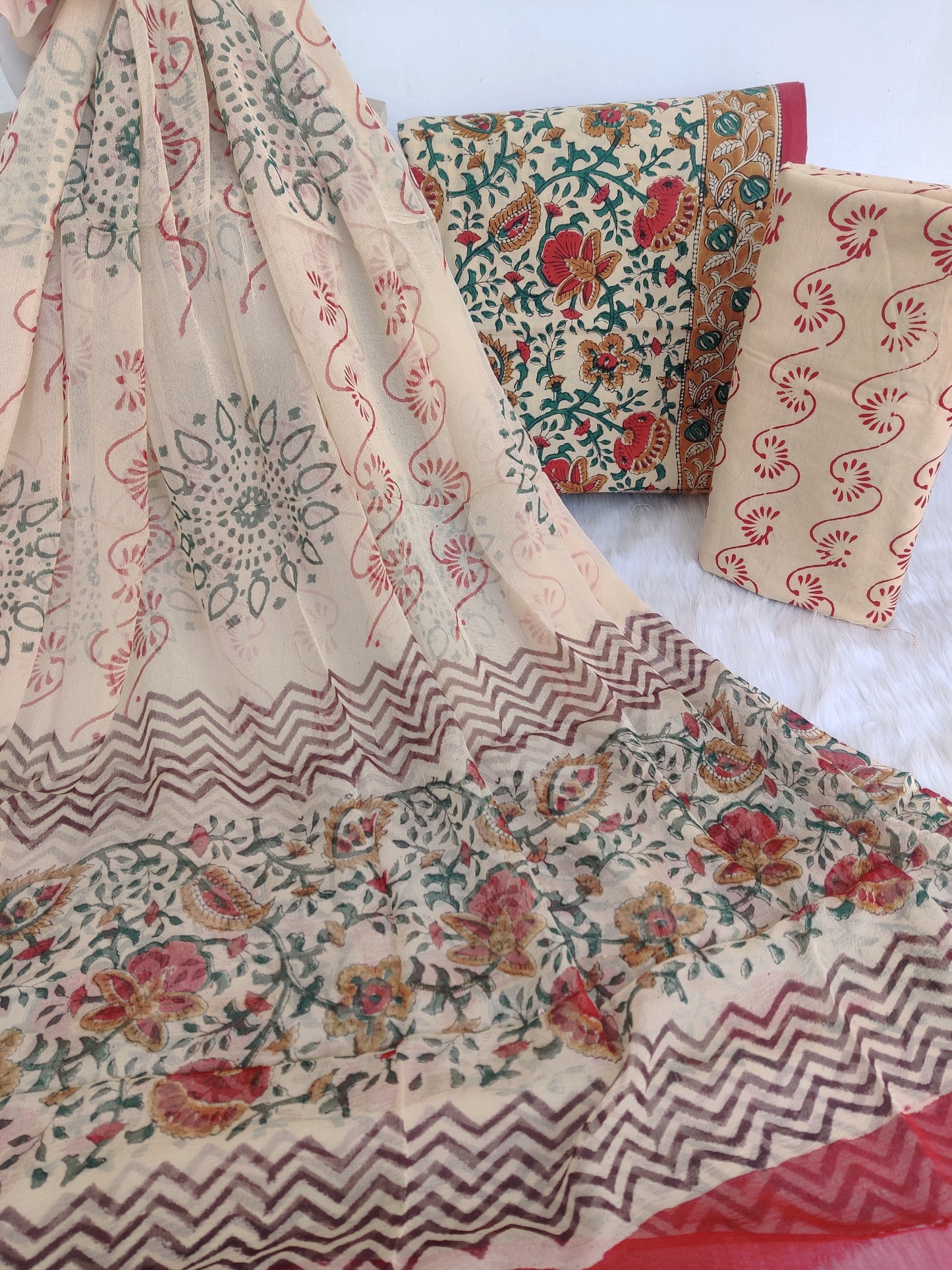 (KALAMKARI) HAND BLOCK PRINTED COTTON SUIT WITH PURE CHIFFON DUPATTA