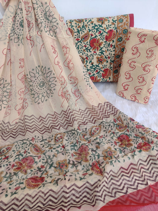 (KALAMKARI) HAND BLOCK PRINTED COTTON SUIT WITH PURE CHIFFON DUPATTA