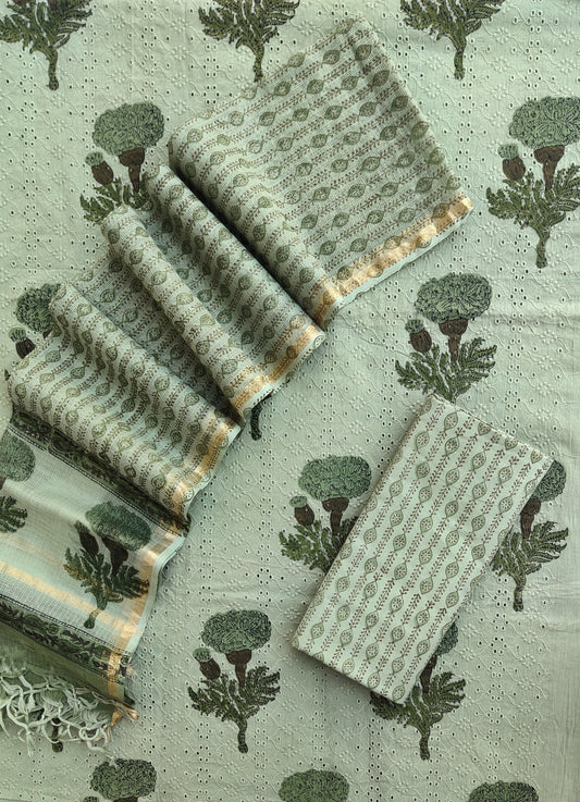 Hand Block Printed Cotton Schiffli Suit with Kota Doria Dupatta
