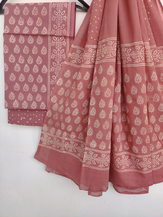 Hand Block Printed Unstitched Cotton Suit with Mulmul Dupatta
