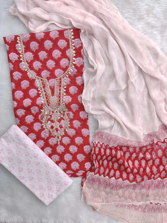 (SALE) FLORAL PRINTED COTTON GOTA PATTI SUIT WITH CHIFFON DUPATTA