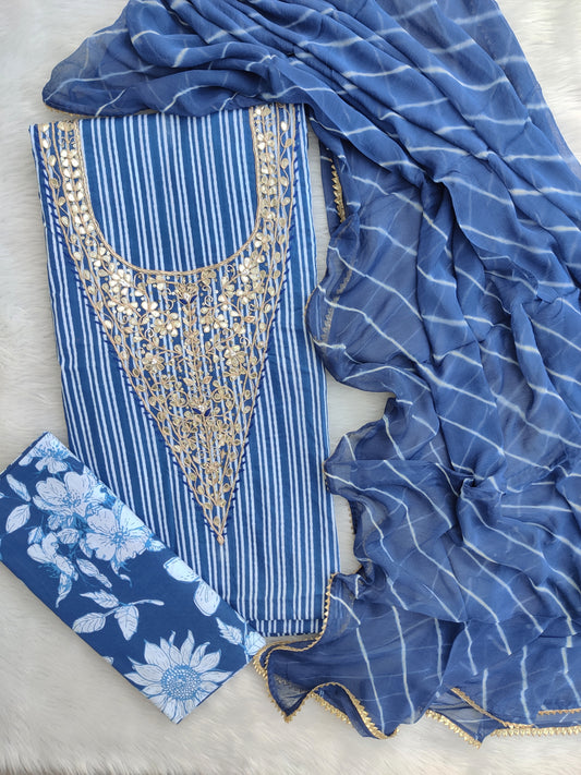 FLORAL PRINTED COTTON GOTA PATTI SUIT WITH CHIFFON DUPATTA