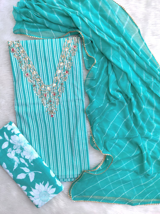 FLORAL PRINTED COTTON GOTA PATTI SUIT WITH CHIFFON DUPATTA