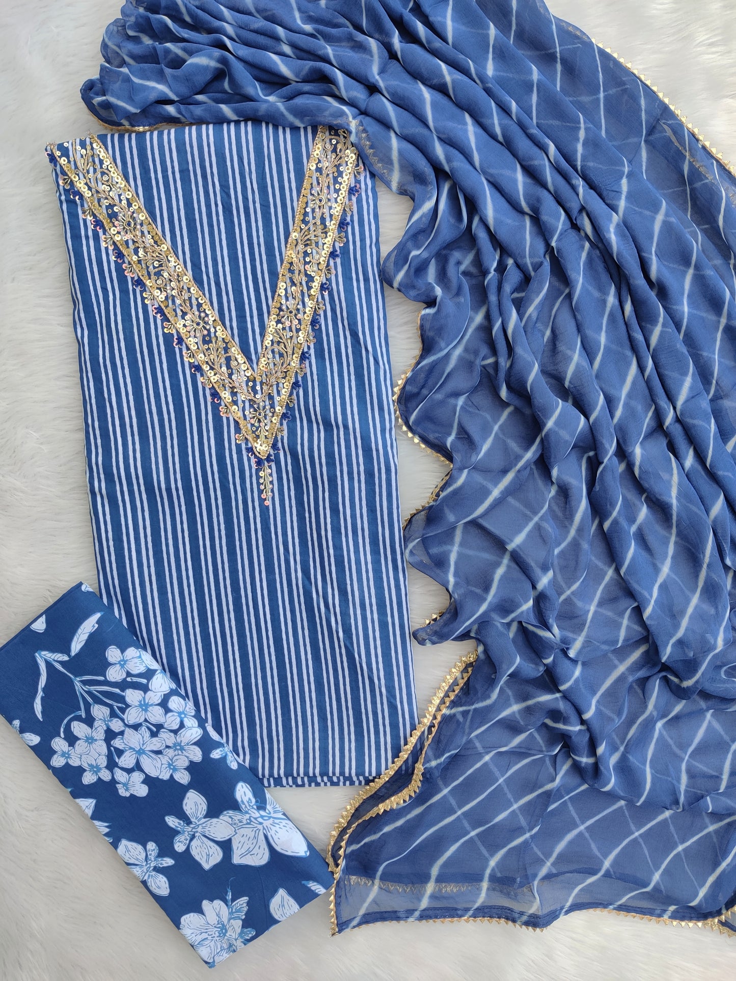 FLORAL PRINTED COTTON GOTA PATTI SUIT WITH CHIFFON DUPATTA