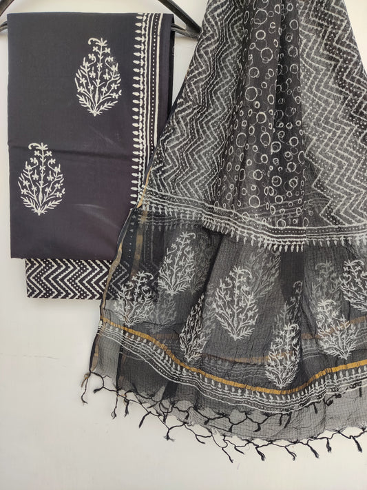 Hand Block Printed Cotton Suit with Cotton Kota Doria dupatta