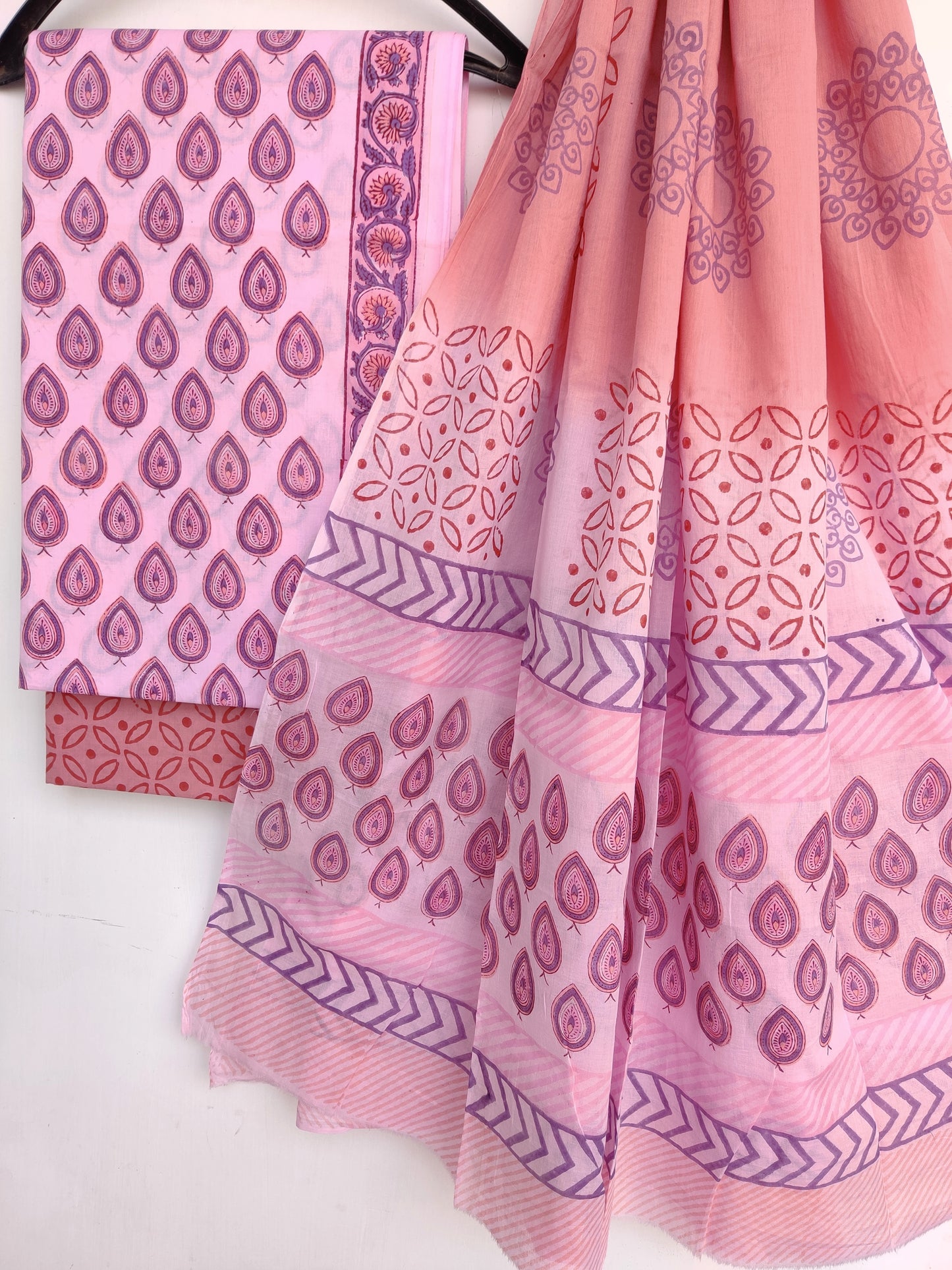 Hand Block Printed Cotton Suit With Mulmul Cotton Dupatta