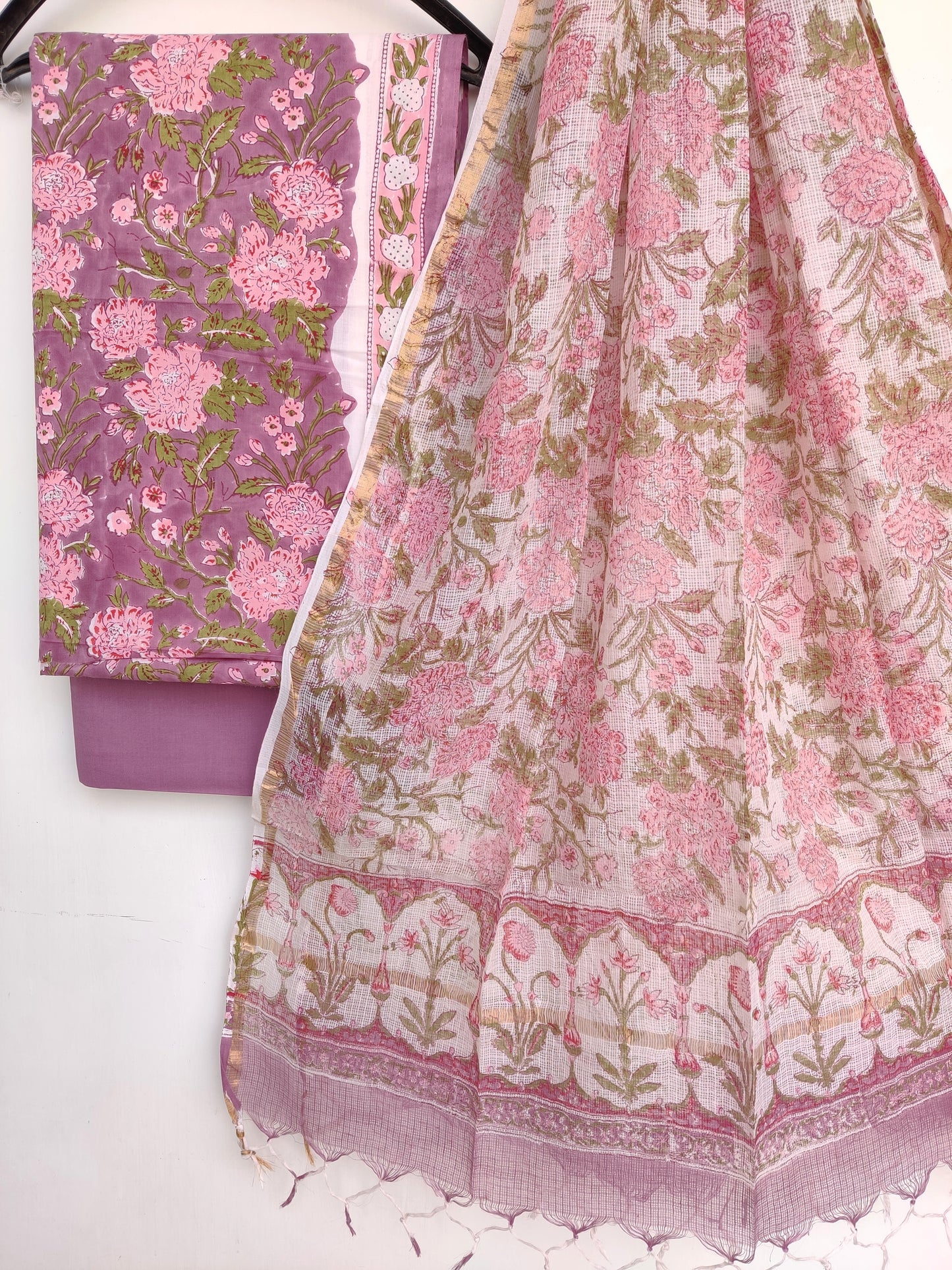 Hand Block Printed Cotton Suit with Cotton Kota Doria dupatta