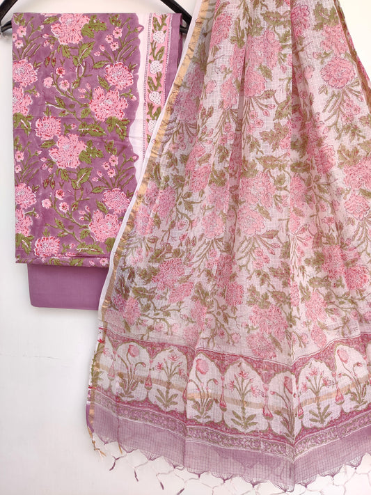 Hand Block Printed Cotton Suit with Cotton Kota Doria dupatta
