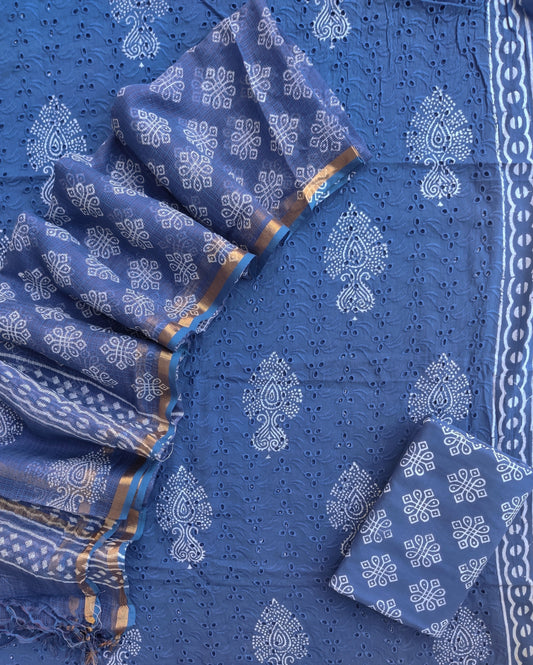 Hand Block Printed Cotton Schiffli Suit with Kota Doria Dupatta