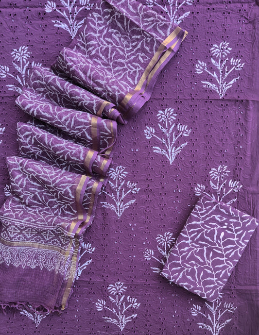 Hand Block Printed Cotton Schiffli Suit with Kota Doria Dupatta