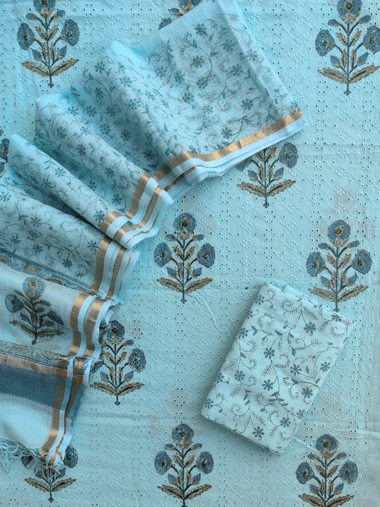 Hand Block Printed Cotton Schiffli Suit with Kota Doria Dupatta