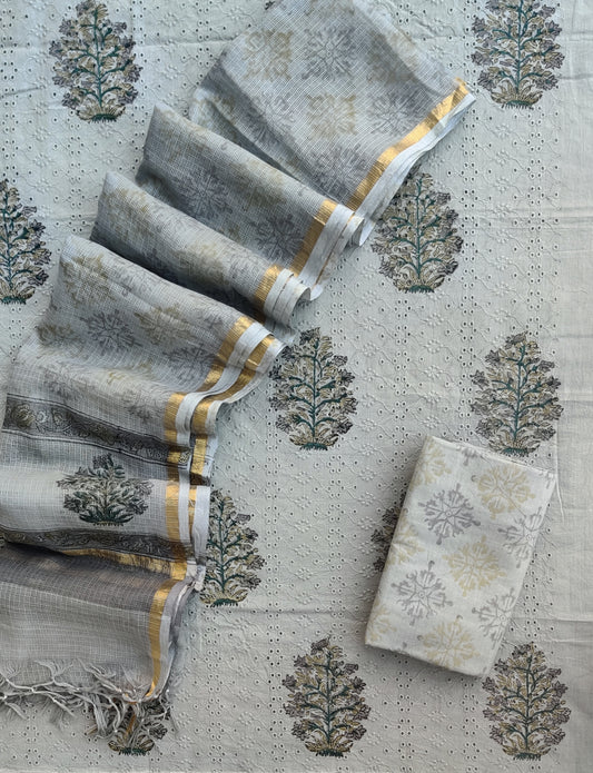 Hand Block Printed Cotton Schiffli Suit with Kota Doria Dupatta