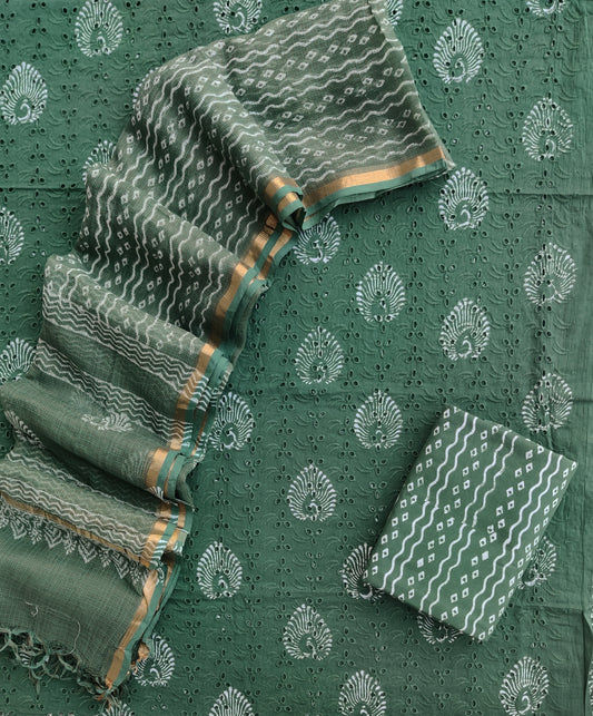 Hand Block Printed Cotton Schiffli Suit with Kota Doria Dupatta
