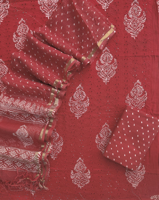 Hand Block Printed Cotton Schiffli Suit with Kota Doria Dupatta