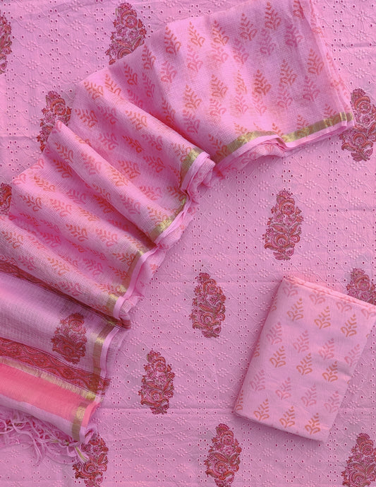 Hand Block Printed Cotton Schiffli Suit with Kota Doria Dupatta
