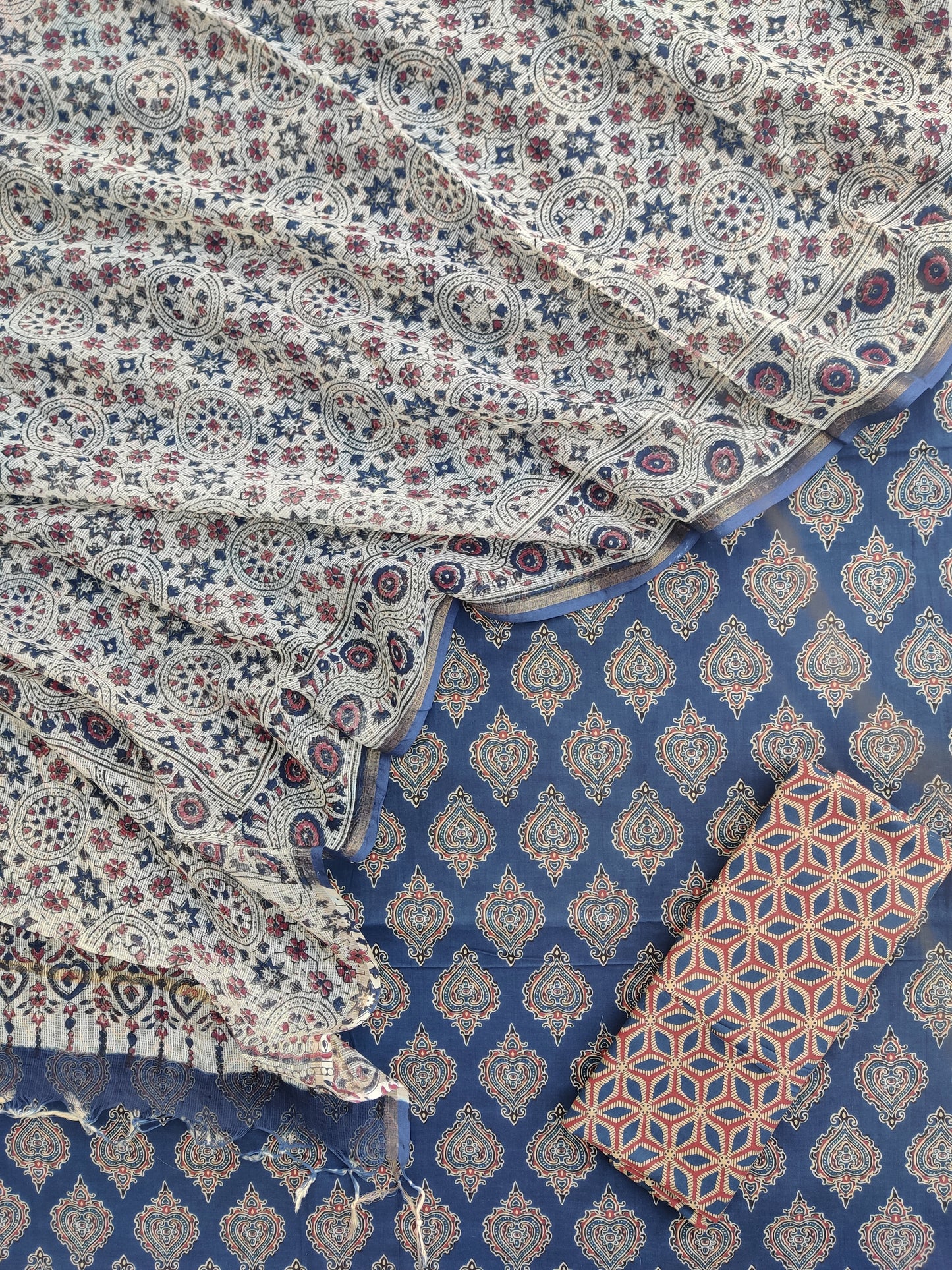 Ajrakh Printed Cotton Suit with Cotton Kota Doria dupatta