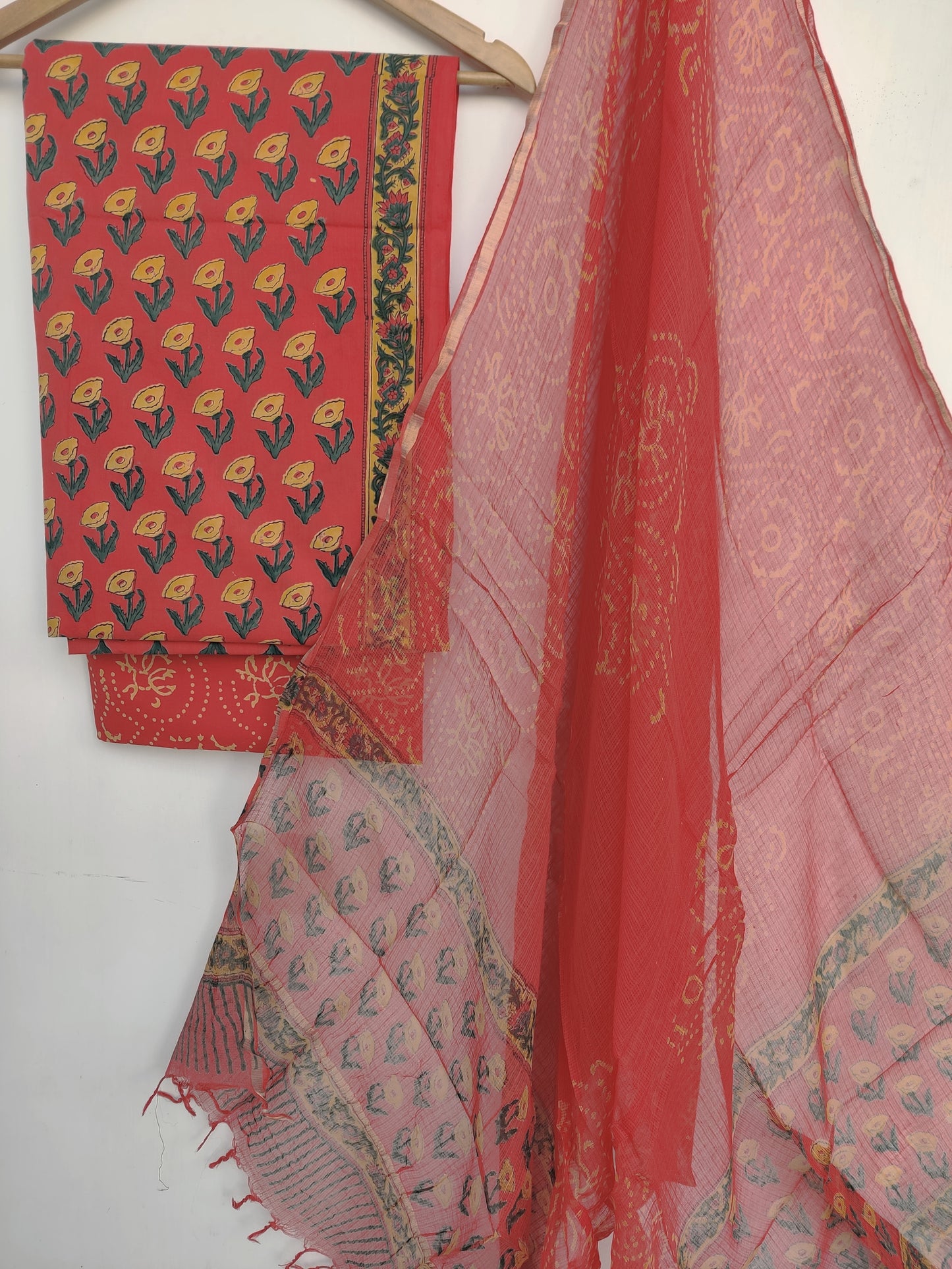 (SALE) Hand Block Printed Cotton Suit with Cotton Kota Doria dupatta