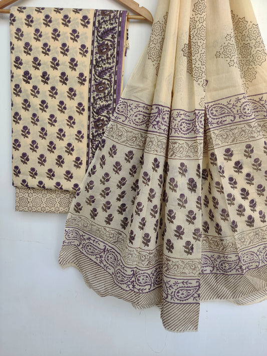 Hand Block Printed Unstitched Cotton Suit with Mulmul Dupatta