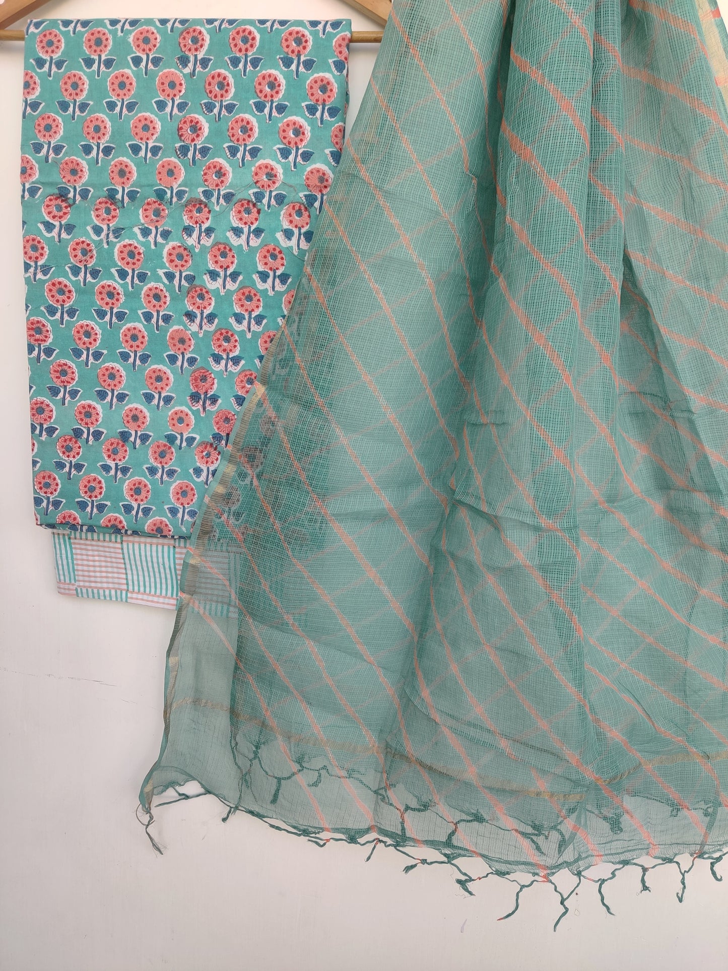 (SALE) Hand Block Printed Cotton Suit with Cotton Kota Doria dupatta
