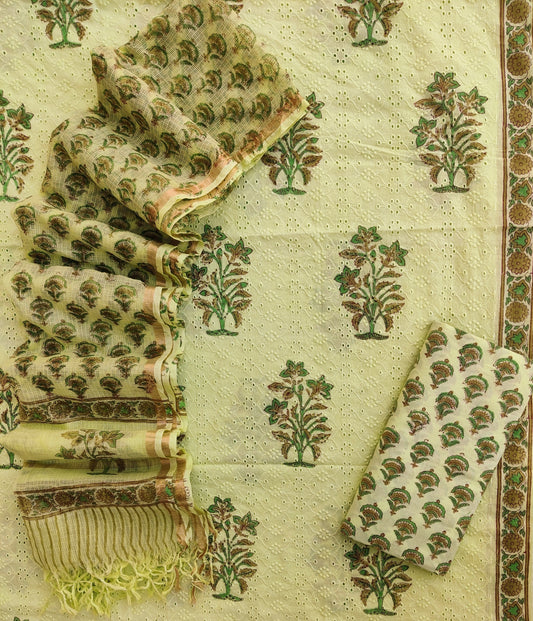 Hand Block Printed Cotton Schiffli Suit with Kota Doria Dupatta