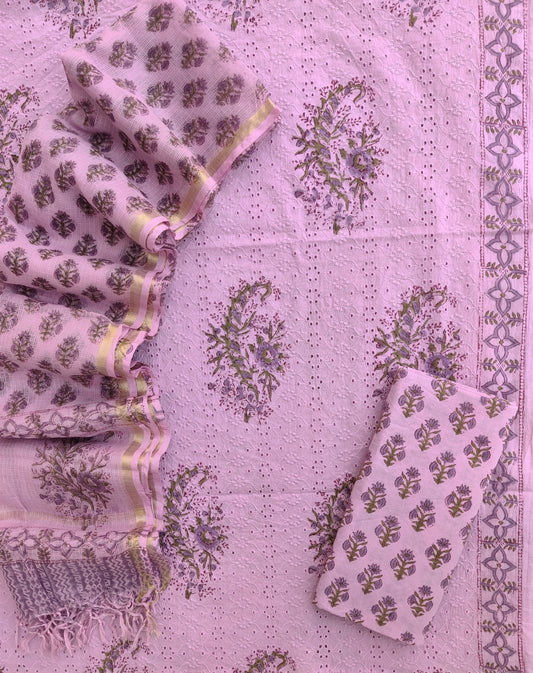 Hand Block Printed Cotton Schiffli Suit with Kota Doria Dupatta