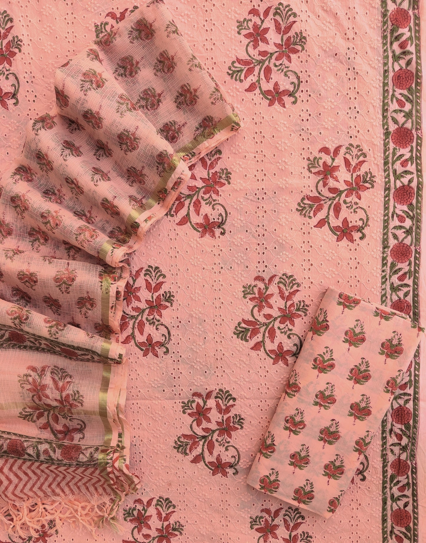 Hand Block Printed Cotton Schiffli Suit with Kota Doria Dupatta