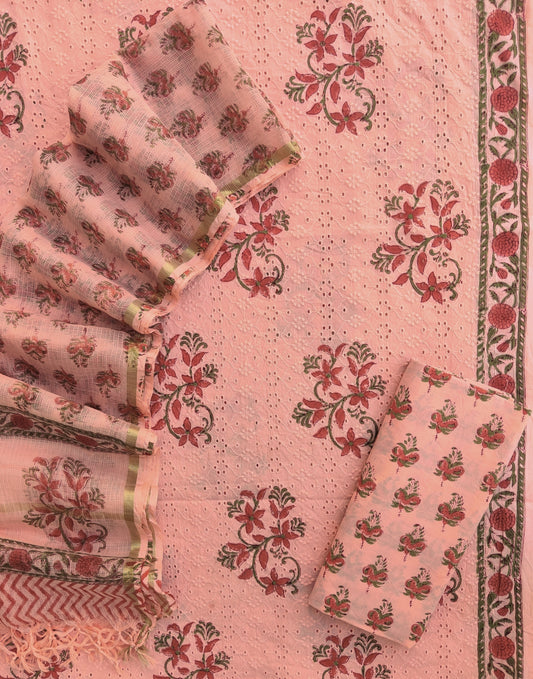 Hand Block Printed Cotton Schiffli Suit with Kota Doria Dupatta