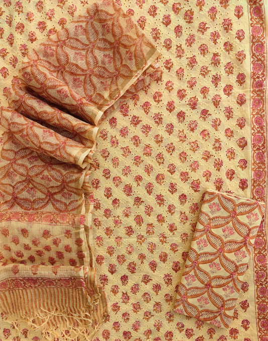 Hand Block Printed Cotton Schiffli Suit with Kota Doria Dupatta