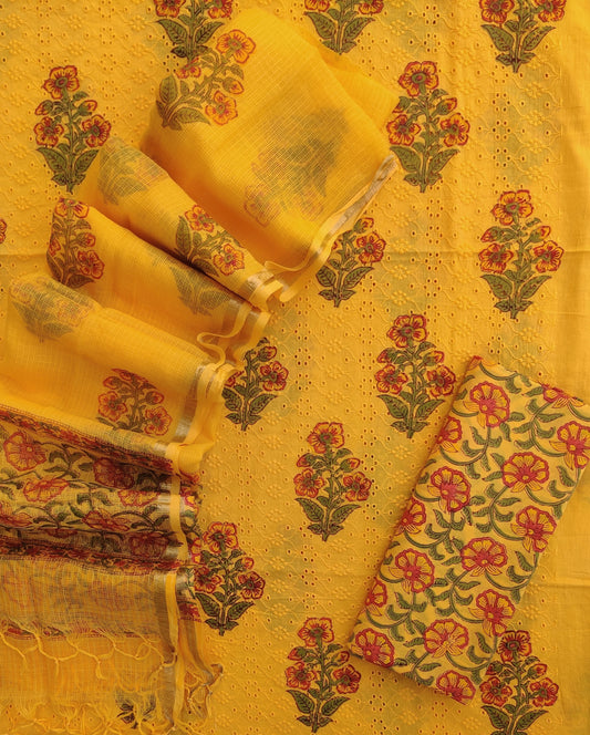 Hand Block Printed Cotton Schiffli Suit with Kota Doria Dupatta