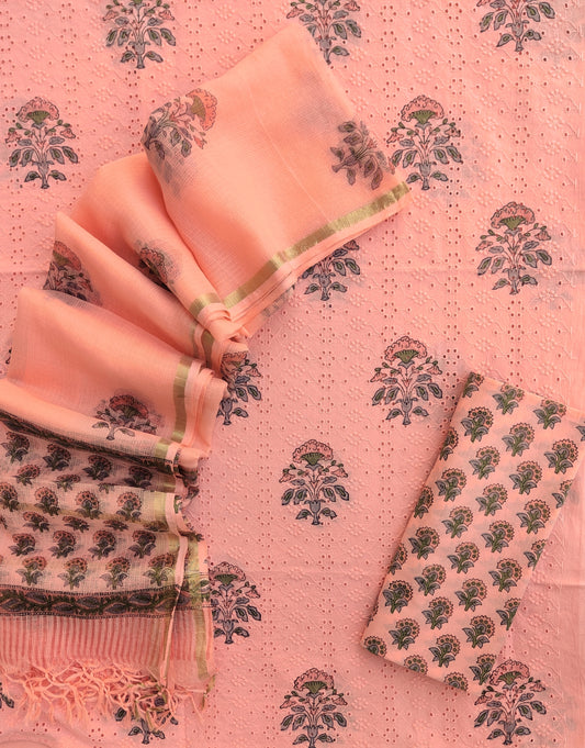 Hand Block Printed Cotton Schiffli Suit with Kota Doria Dupatta