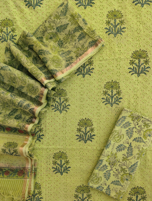 Hand Block Printed Cotton Schiffli Suit with Kota Doria Dupatta