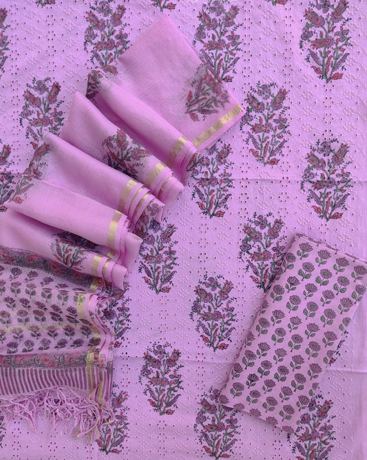 Hand Block Printed Cotton Schiffli Suit with Kota Doria Dupatta