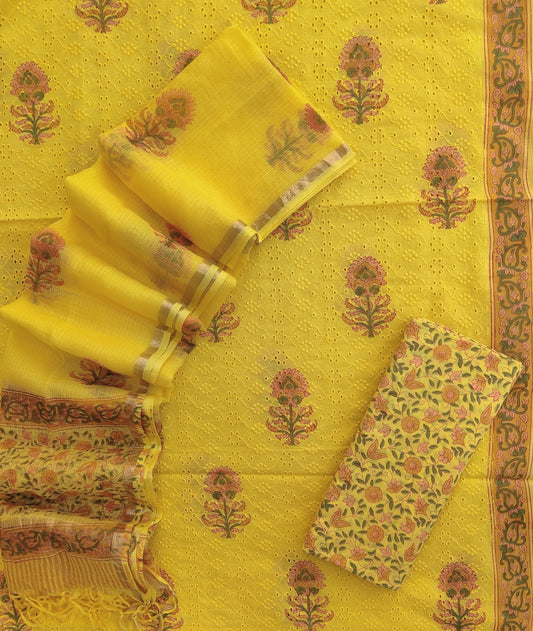 Hand Block Printed Cotton Schiffli Suit with Kota Doria Dupatta