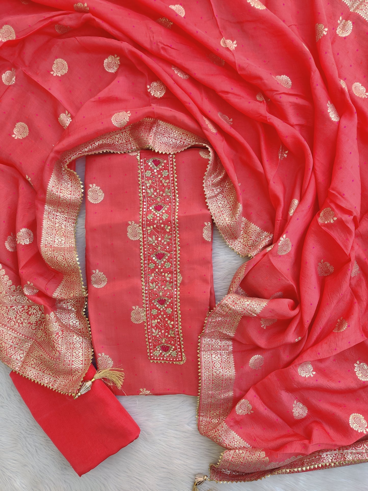 GOTA PATTI DOLA SILK SUIT SET WITH DOLA SILK DUPATTA