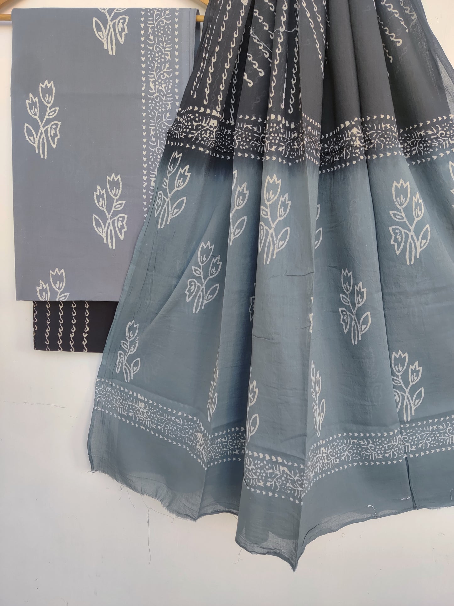 Hand Block Printed Cotton Suit With Mulmul Cotton Dupatta