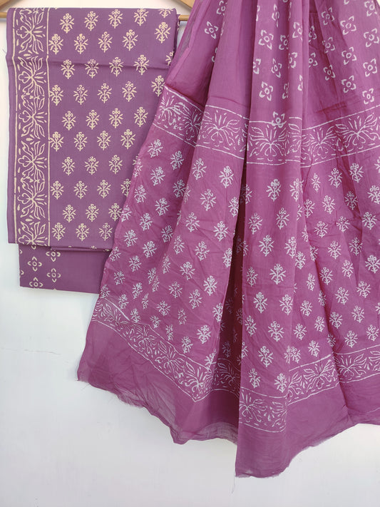 Hand Block Printed Cotton Suit With Mulmul Cotton Dupatta