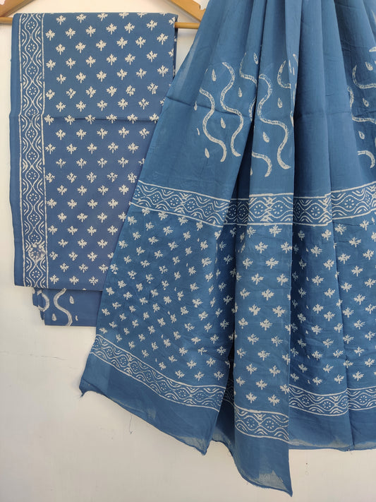 Hand Block Printed Cotton Suit With Mulmul Cotton Dupatta