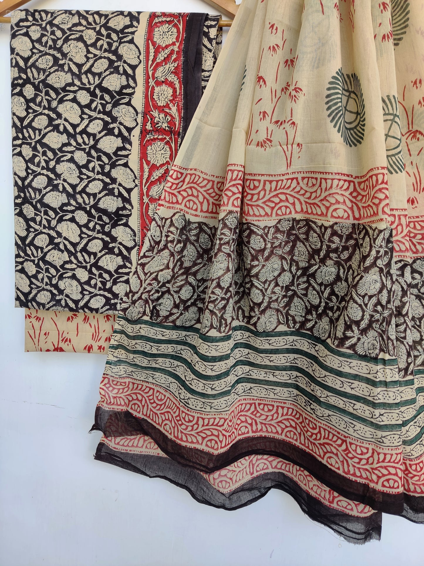 (KALAMKARI) Hand Block Printed Cotton Suit With Mulmul Cotton Dupatta