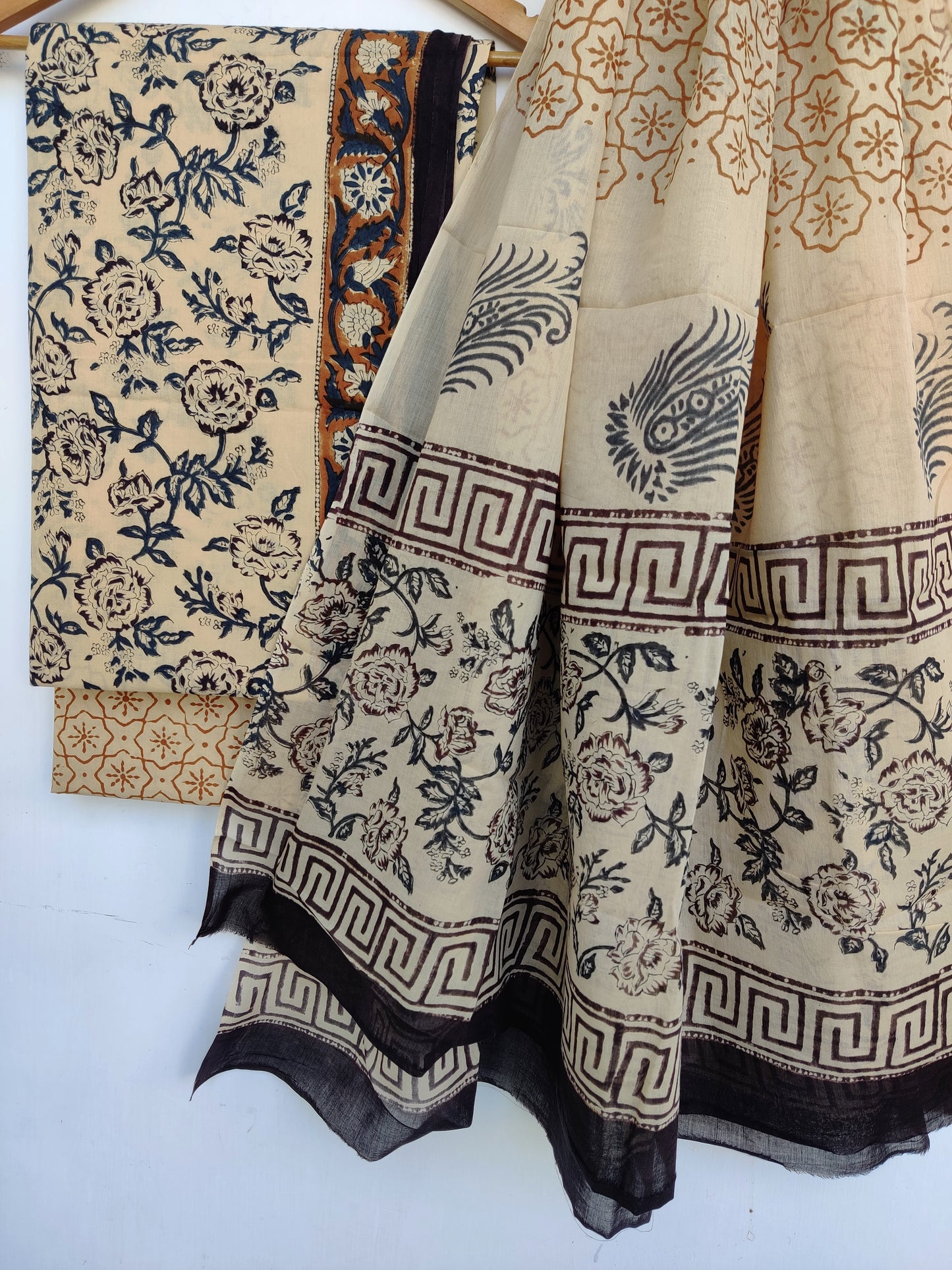 (KALAMKARI) Hand Block Printed Cotton Suit With Mulmul Cotton Dupatta
