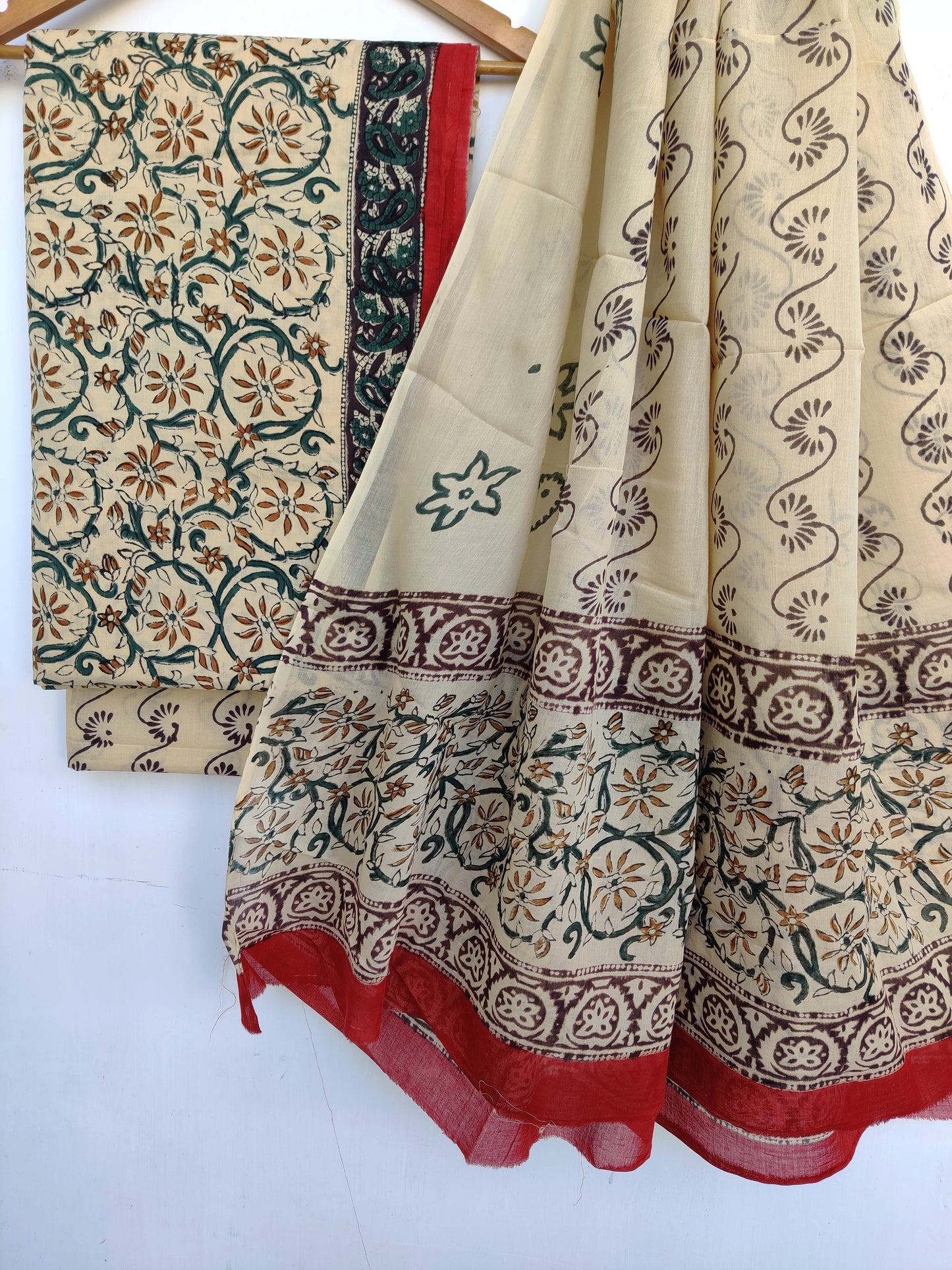 (KALAMKARI) Hand Block Printed Cotton Suit With Mulmul Cotton Dupatta
