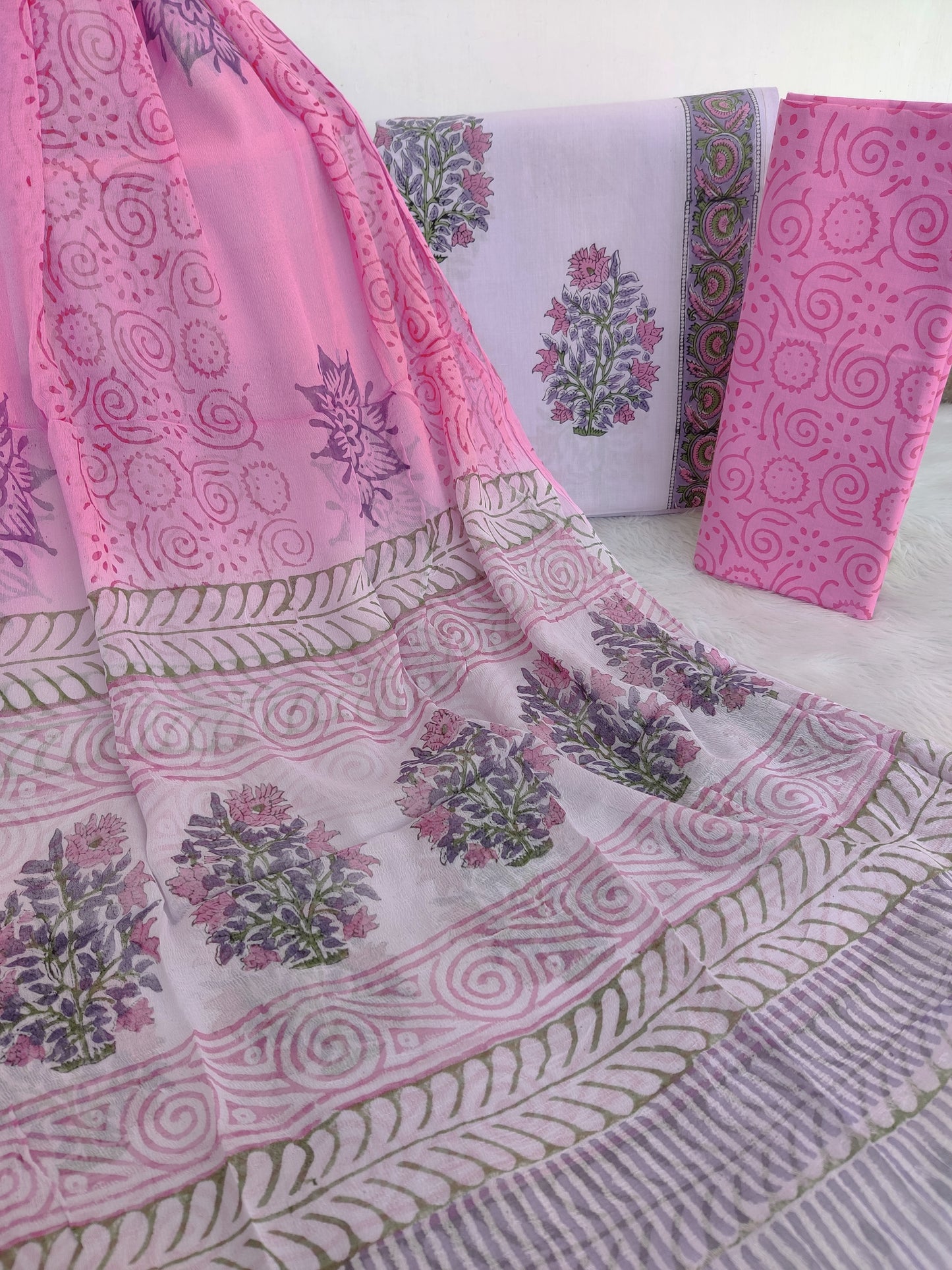 HAND BLOCK PRINTED COTTON SUIT WITH PURE CHIFFON DUPATTA