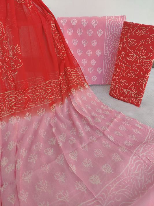 HAND BLOCK PRINTED COTTON SUIT WITH PURE CHIFFON DUPATTA