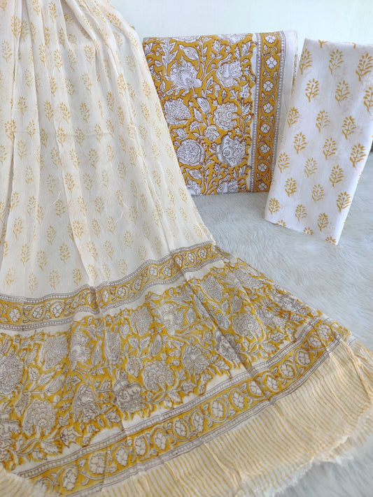 HAND BLOCK PRINTED COTTON SUIT WITH PURE CHIFFON DUPATTA